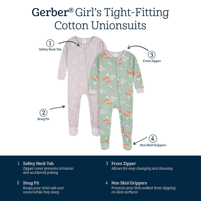 2-Pack Baby & Toddler Girls Purple Woodland Fox Snug Fit Footed Cotton Pajamas