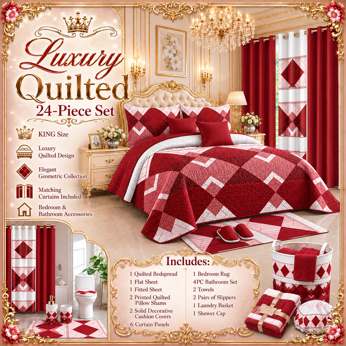 24-Piece Luxury Bedding Set with Matching Curtains & Bathroom Accessories – Red Geometric Elegance Clessenza Beauty Store