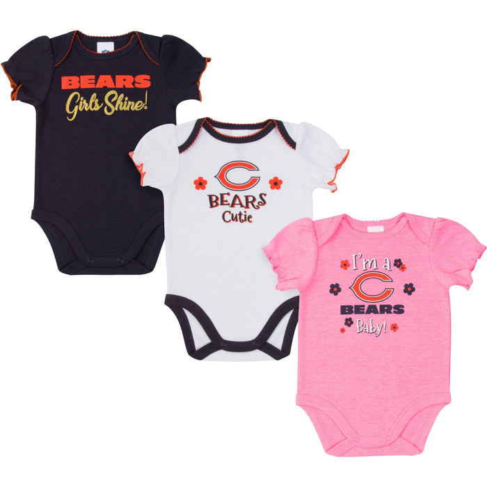 Chicago Bears Baby Girl Short Sleeve Bodysuit, 3-pack -Gerber Childrenswear