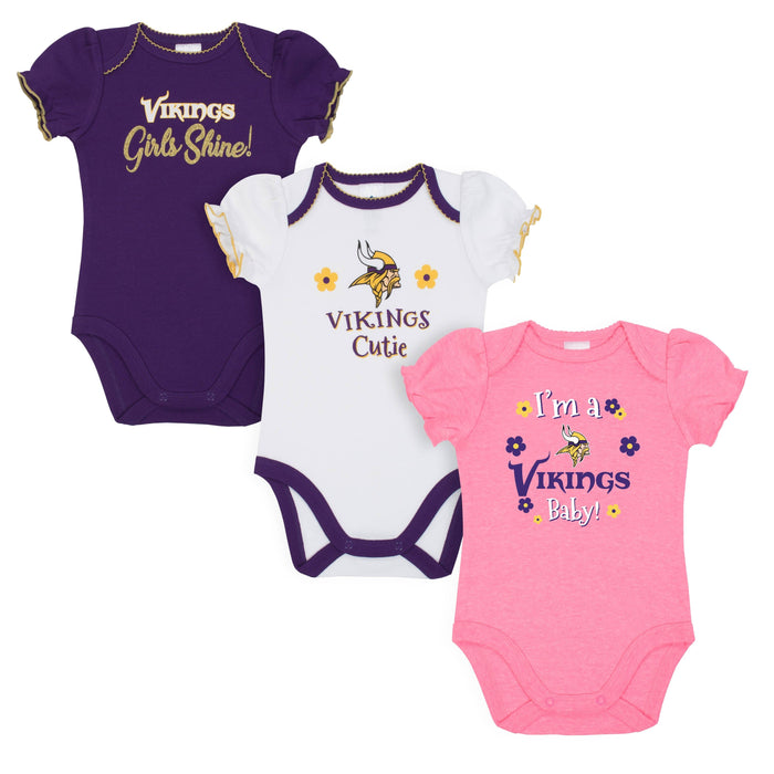 Minnesota Vikings Baby Girl Short Sleeve Bodysuit, 3-pack -Gerber Childrenswear