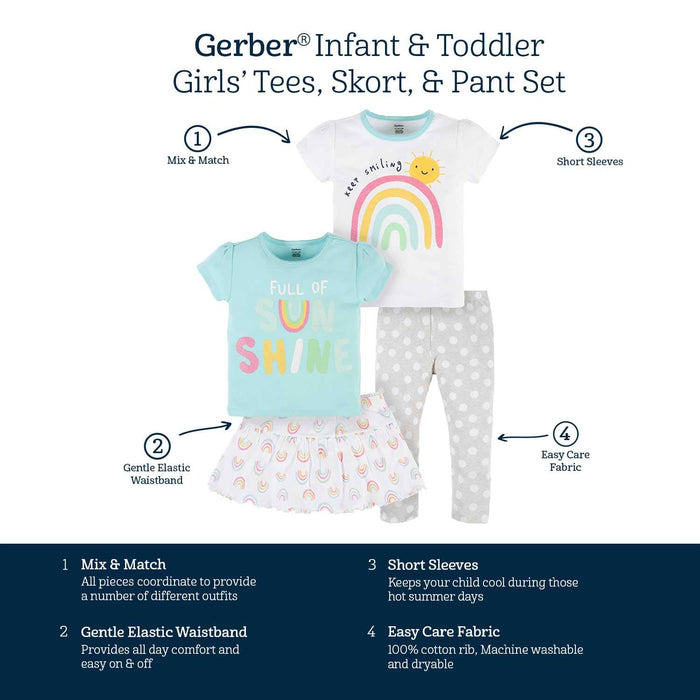 4-Piece Infant & Toddler Girls Dots Of Rainbows Tees, Skort & Pants Set