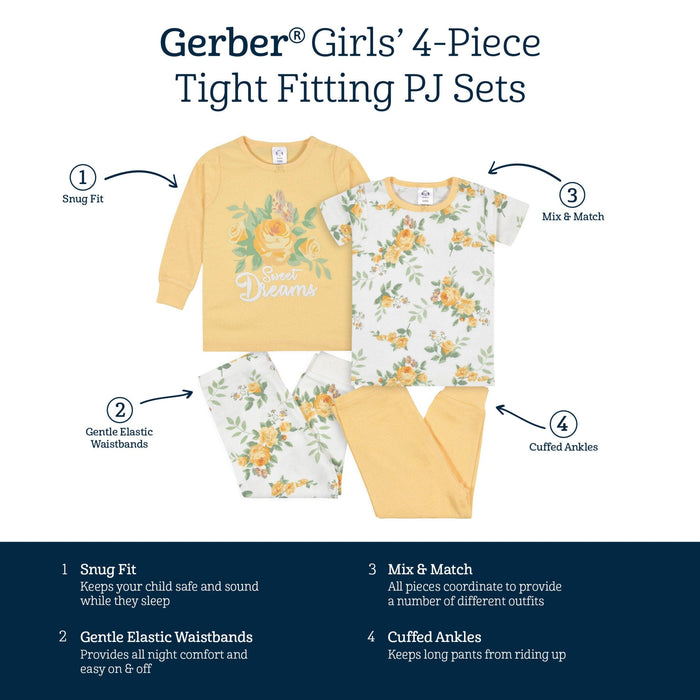 4-Piece Infant & Toddler Girls Golden Flowers Snug Fit Cotton Pajamas