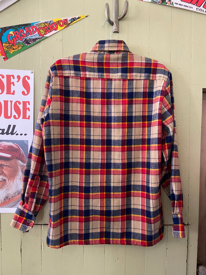 Vintage The Fair Greens 1970s Flannel Camp Plaid Button Down Shirt Size Medium 15 - 15 1/2 - Deer Creek Mercantile