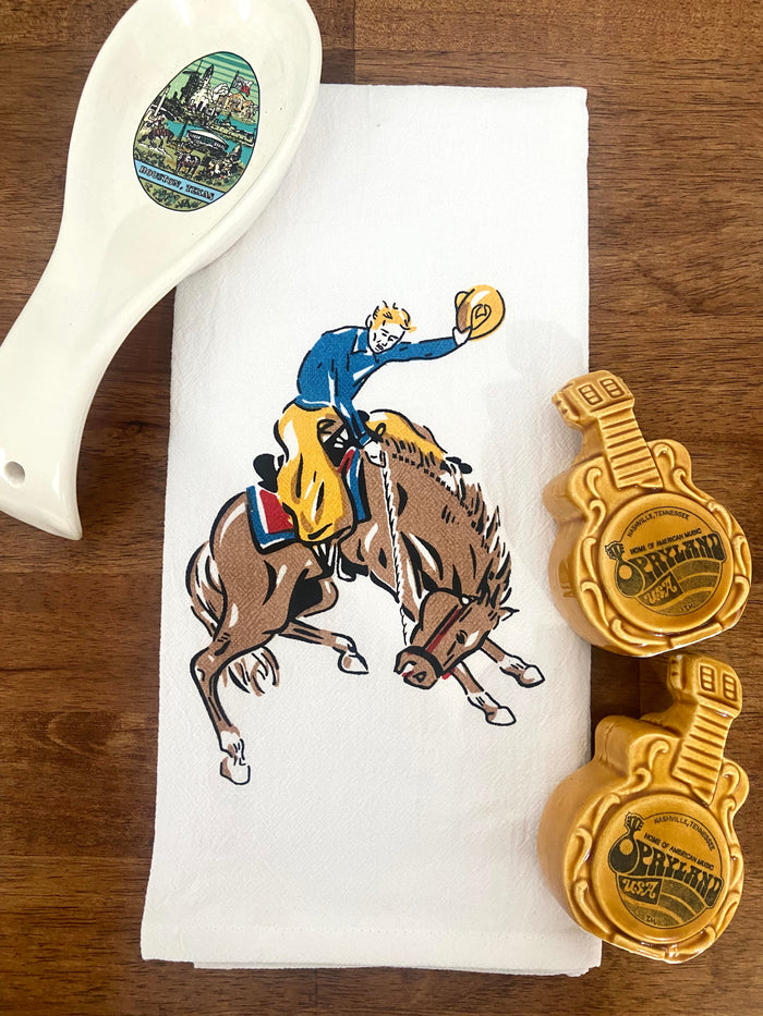 Retro Dish Towel - Buckin' Bronco Cowboy - Deer Creek Mercantile