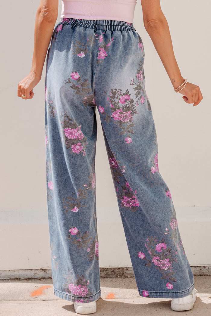 Beau Blue - Jean décontracté à taille élastique et imprimé floral