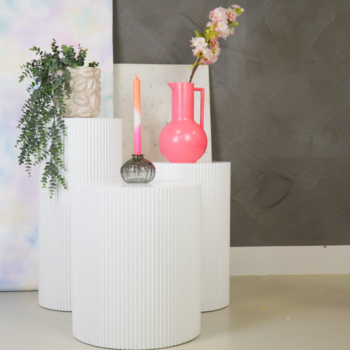 Bijzettafel Rond – Geribbelde Cilinder – MDF – Wit– 39x45cm