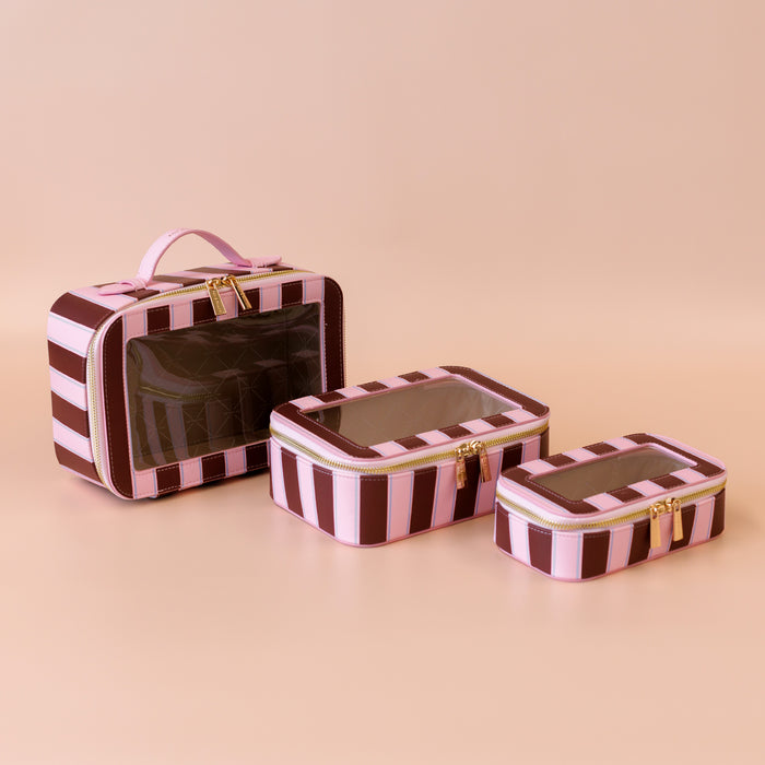 Burgundy Stripe Cosmetic Nested Trio Set