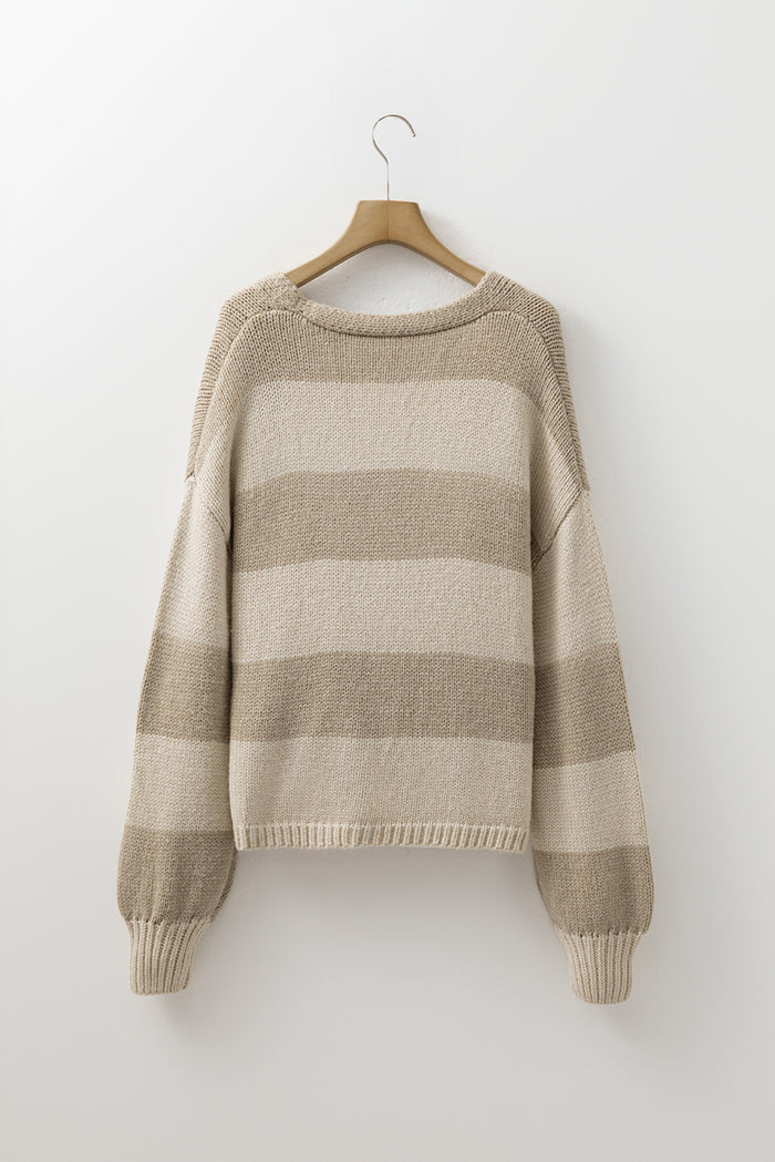 Cardigan beige rayé en tricot brossé avec nœud papillon sur le devant