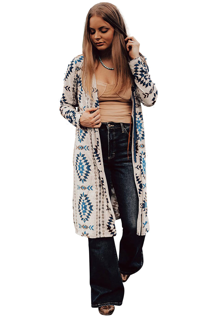 Cardigan long ouvert sur le devant imprimé aztèque occidental bleu ciel-A WOMAN WE LOVE