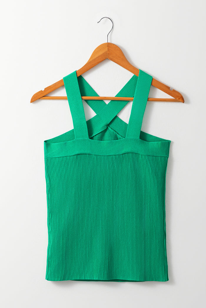 Débardeur pull fourreau vert foncé côtelé croisé à col licou-A WOMAN WE LOVE
