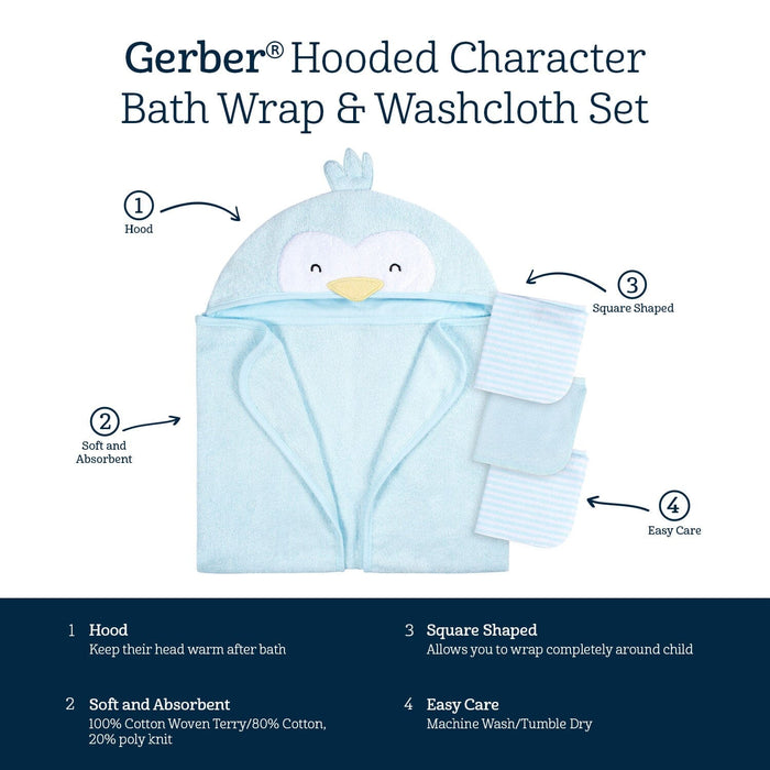 4-Piece Baby Neutral Blue Penguin Towel & Washcloths