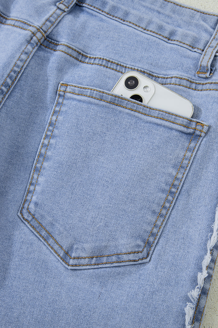 Jean droit patchwork à rayures contrastées et panneau latéral effiloché Beau Blue