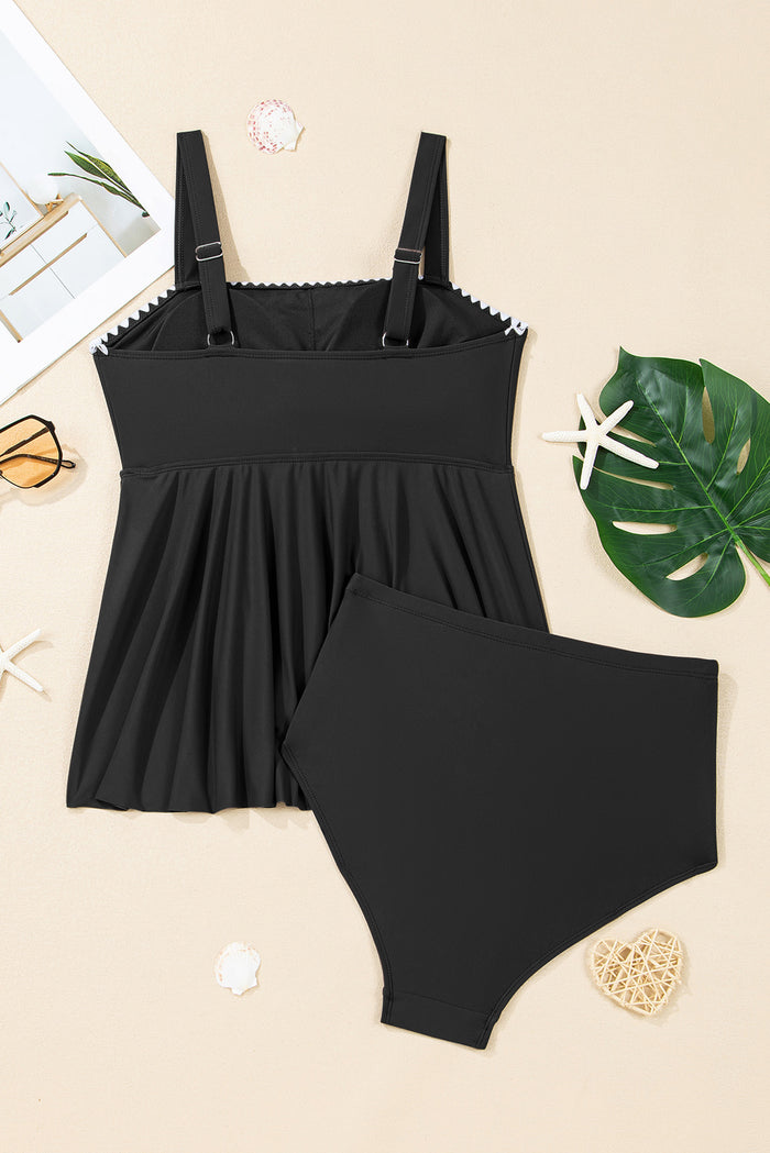 Maillot de bain 2 pièces tankini évasé noir à bretelles spaghetti