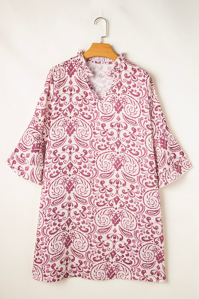 Mini-robe rose à imprimé cachemire et manches 3/4 *