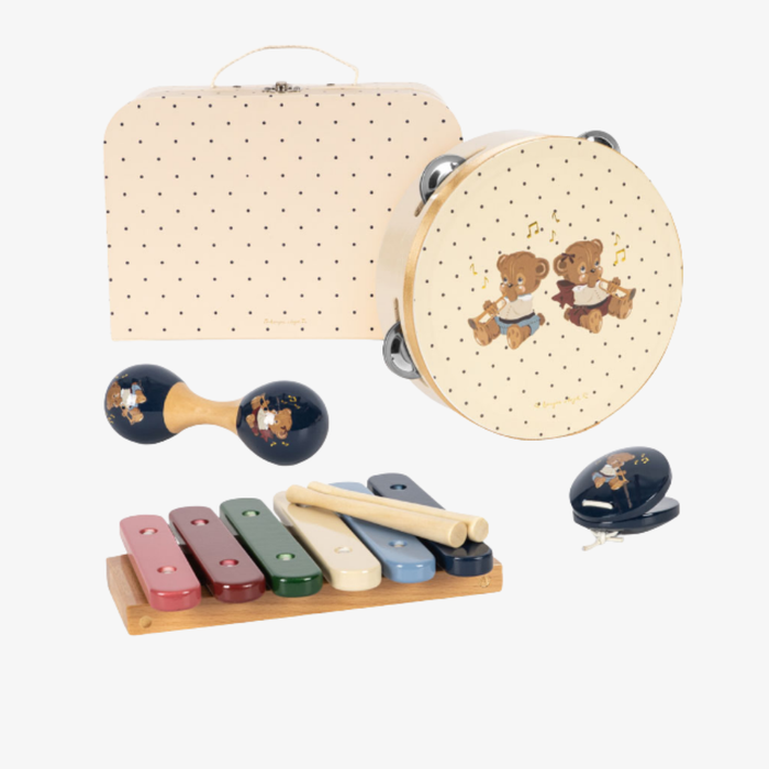 A baby music toy set on a white background, including a wooden xylophone, tambourine, maracas, and carrying case decorated with teddy bear illustrations.