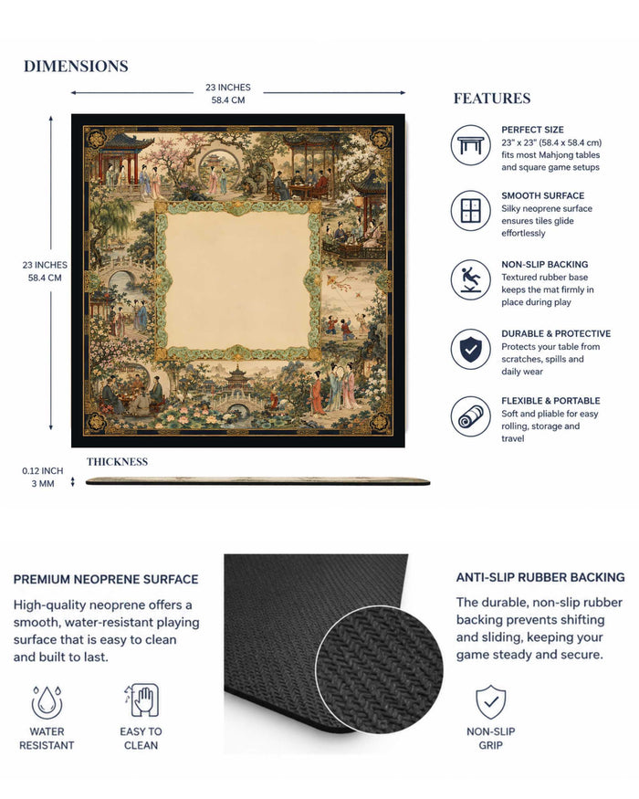Mahjong table mat with ornate garden scene and black border, 23x23 in