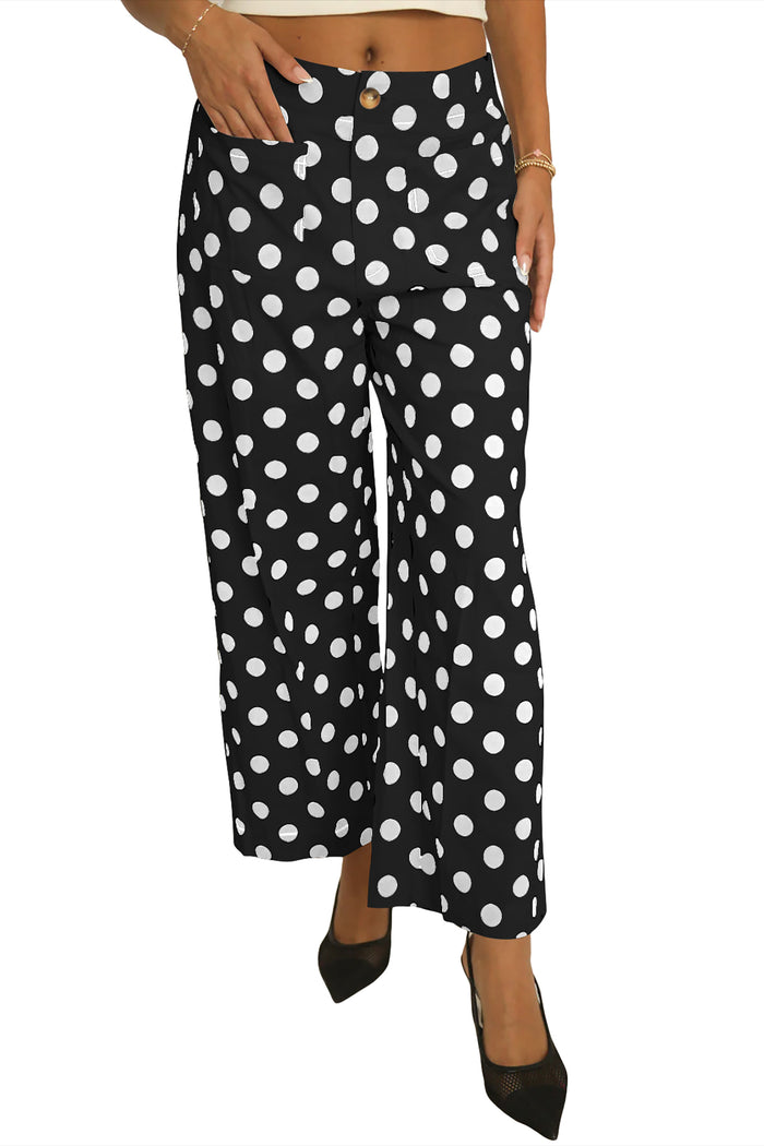 Pantalon droit taille mi-haute noir à imprimé à pois