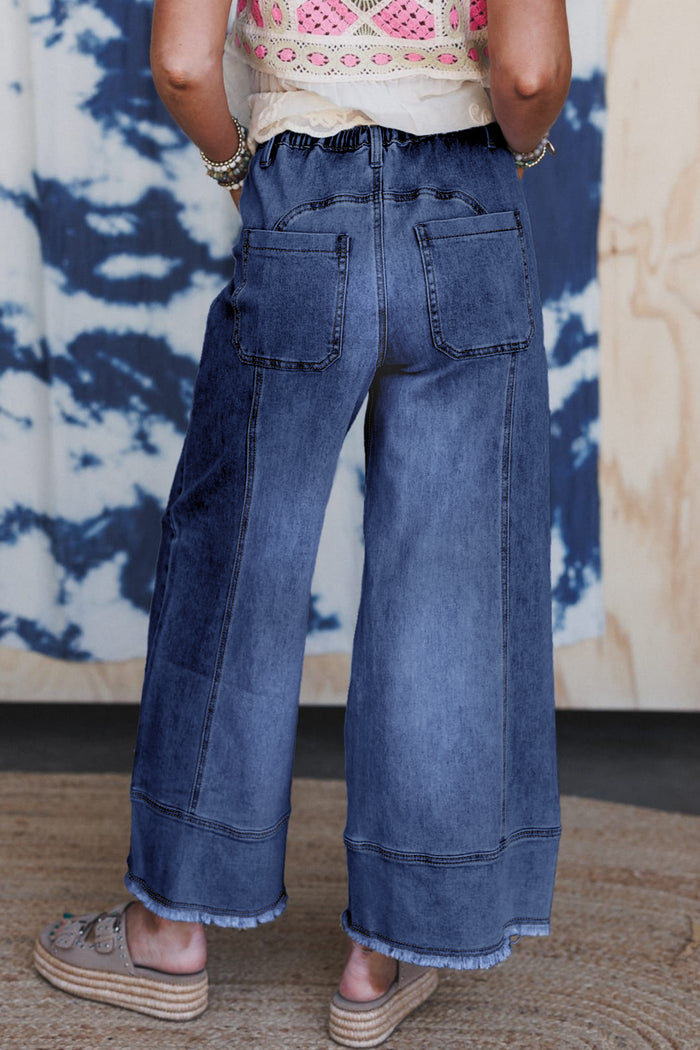 Pantalon en jean tendance à jambes larges et taille élastiquée bleu