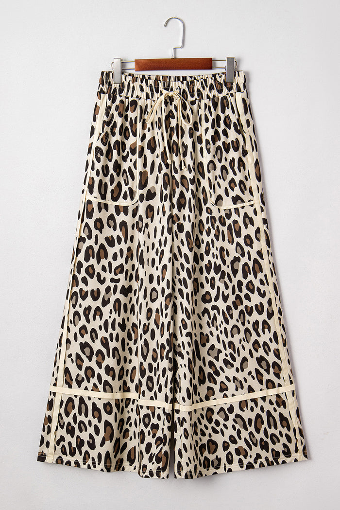 Pantalon jambes larges kaki léopard