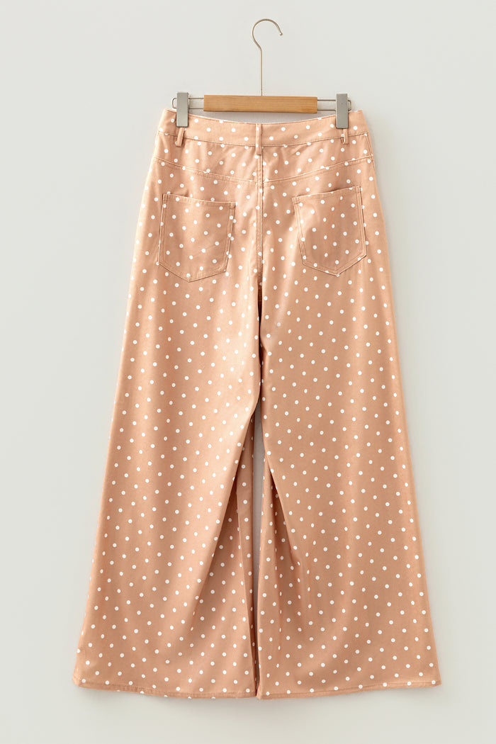 Pantalon large beige à imprimé pois et cordon de serrage