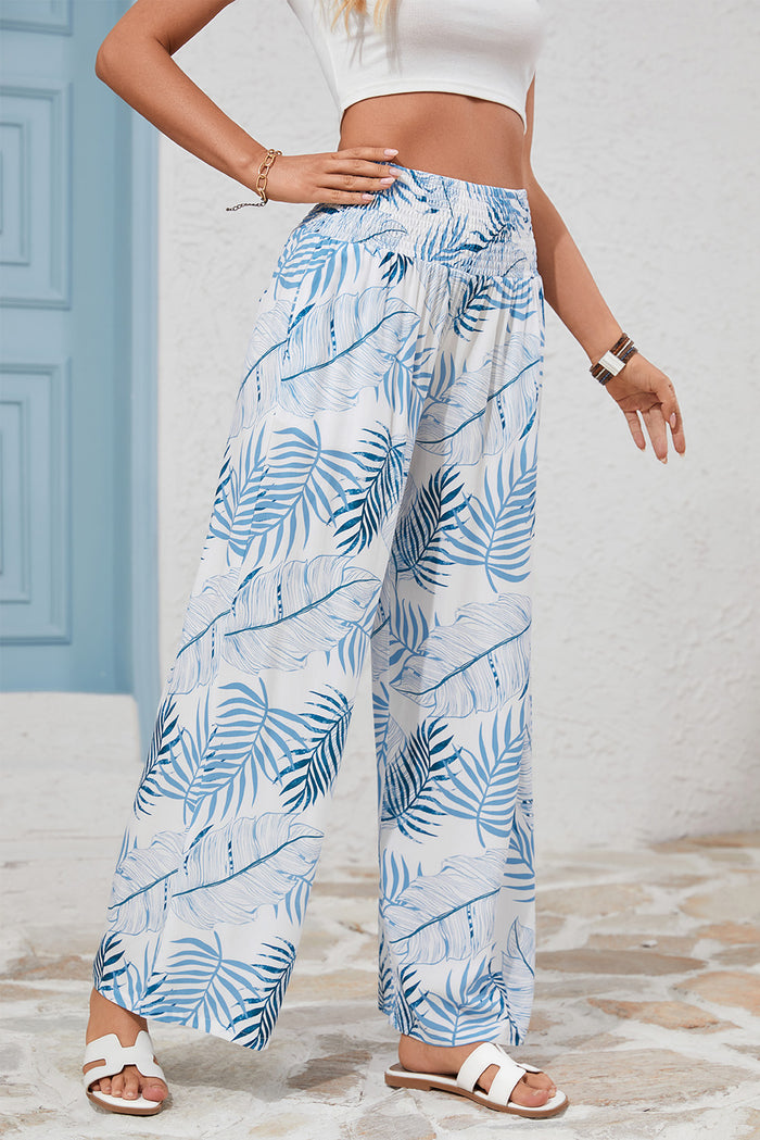 Pantalon large bleu ciel à ceinture froncée et imprimé botanique
