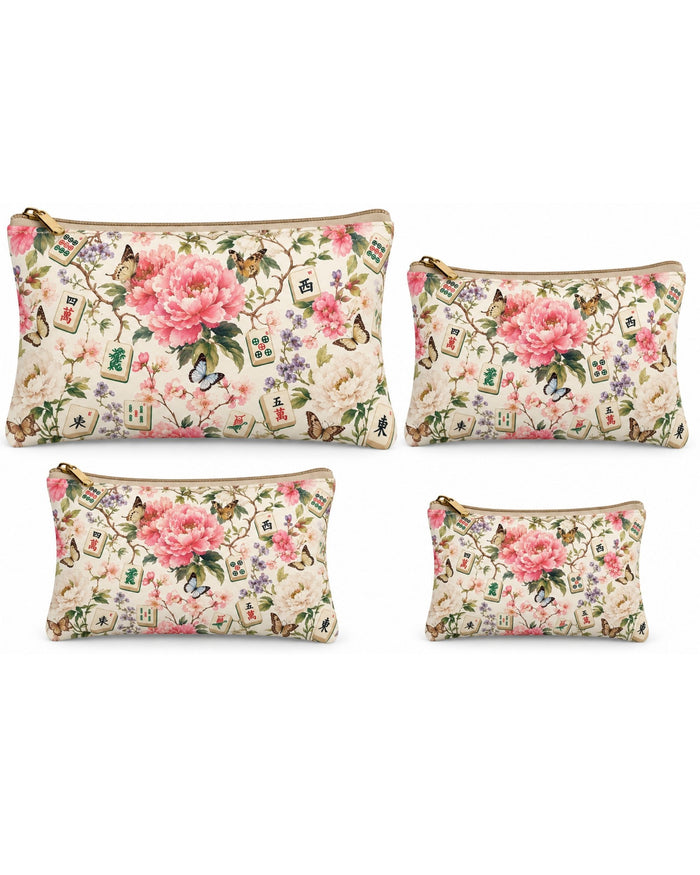 Floral vegan leather zipper pouches set of four, each with gold zipper pull