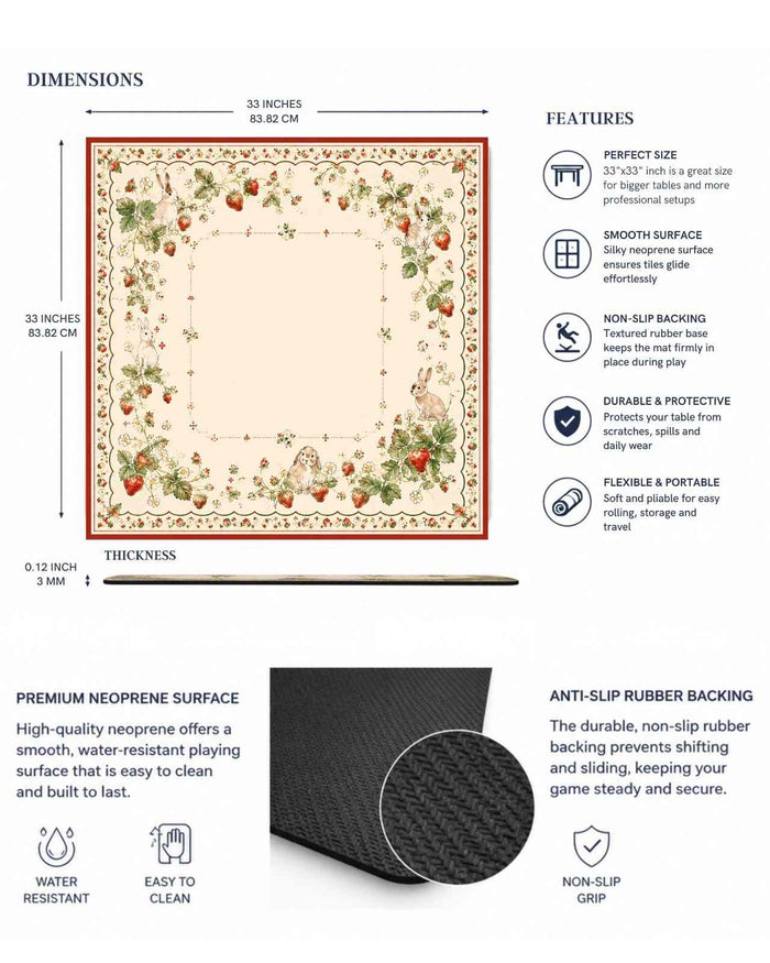 Square 33x33 mahjong mat with non-slip rubber backing and smooth polyester surface