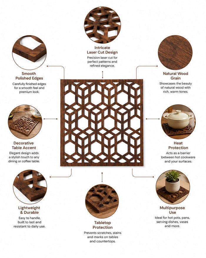 Square dark brown wooden trivet with geometric cube lattice and interlocking cutouts