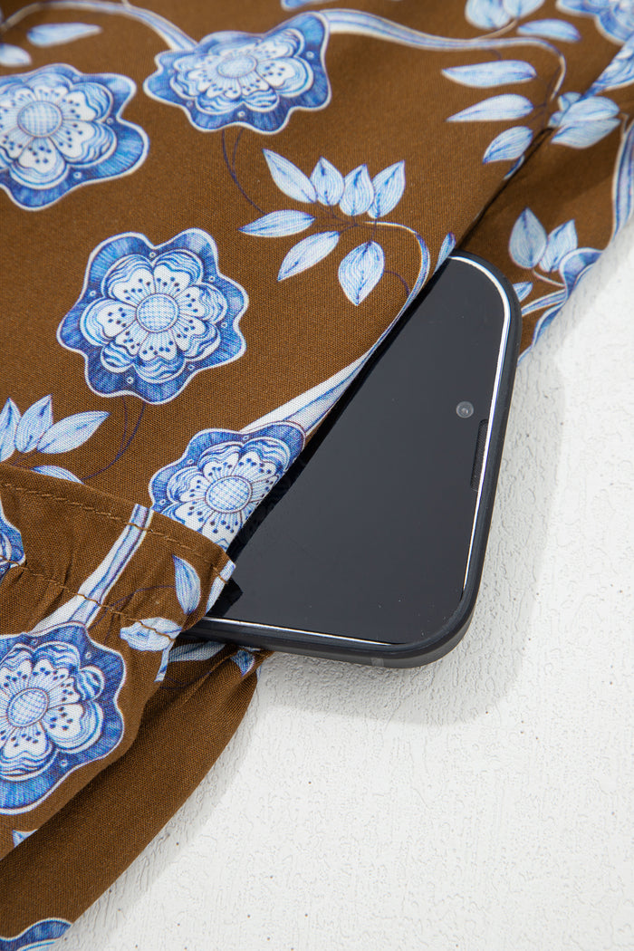 Robe chemise à imprimé floral marron