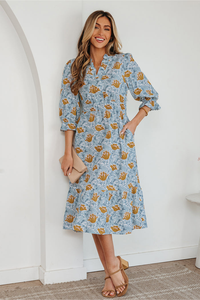 Robe longue marron à imprimé floral