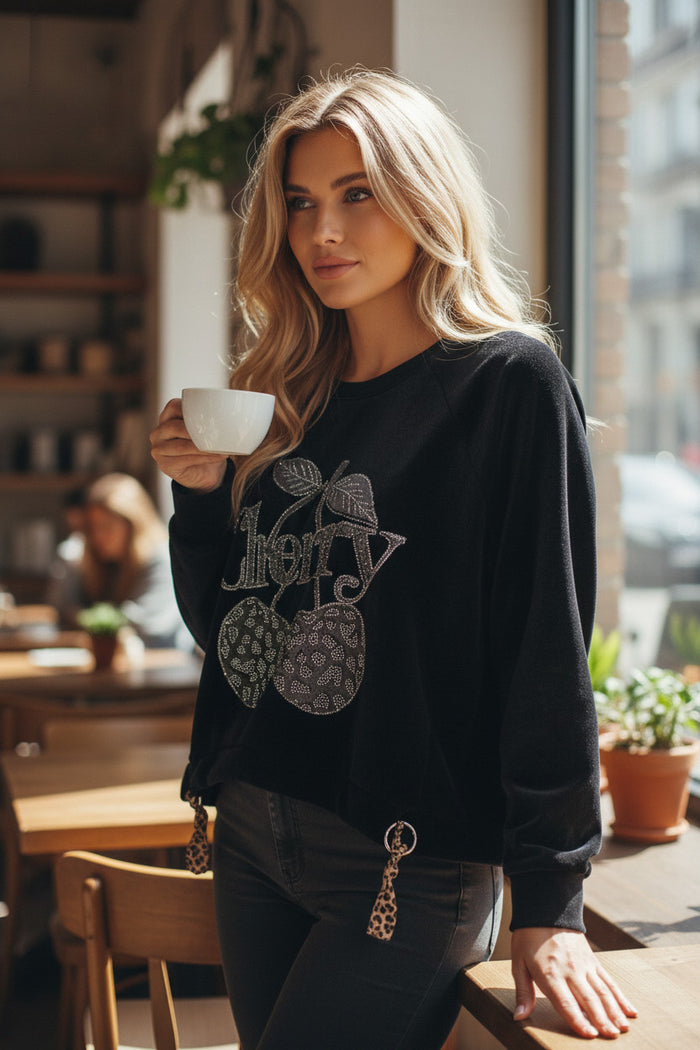 🍒 Sweat Cherry Détail Léopard Noir