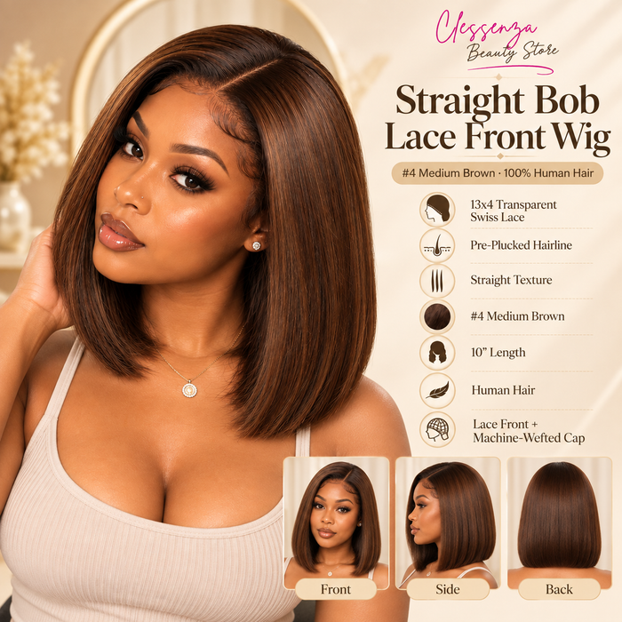 13×4 Lace Front Human Hair Bob Wig – Sleek Straight 10″ #4 Medium Brown Clessenza Beauty Store