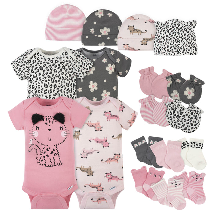 18-Piece Baby Girls Leopard Onesies® Bodysuit, Mitten, Cap, & Sock Set-Gerber Childrenswear