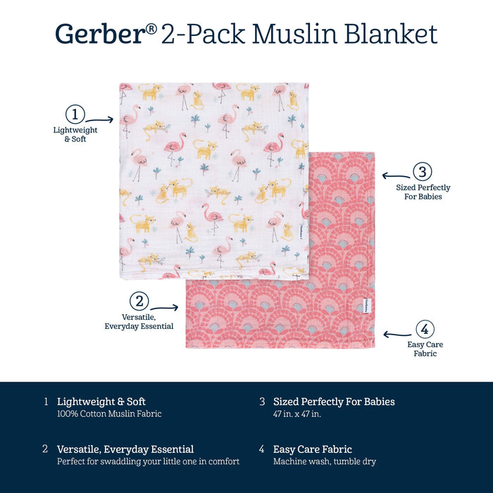 2-Pack Baby Girls Animal Geo Muslin Blanket
