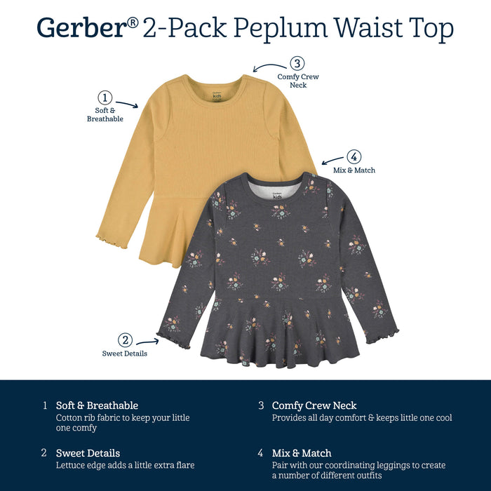 2-Pack Infant & Toddler Girls Mustard & Plum Floral Peplum Tops