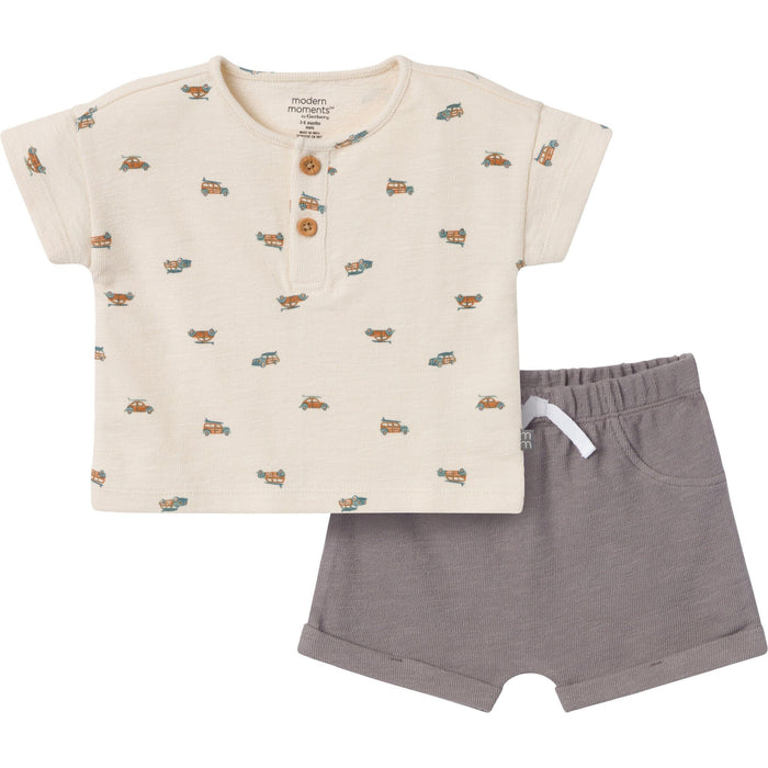 2-Piece Baby Boys Beige Beach Buggys Henley Shirt and Shorts Set
