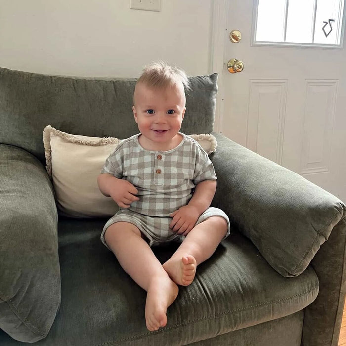2-Piece Baby Boys Light Sky Gingham Henley Shirt and Shorts Set outfits Modern Moments™ by Gerber®