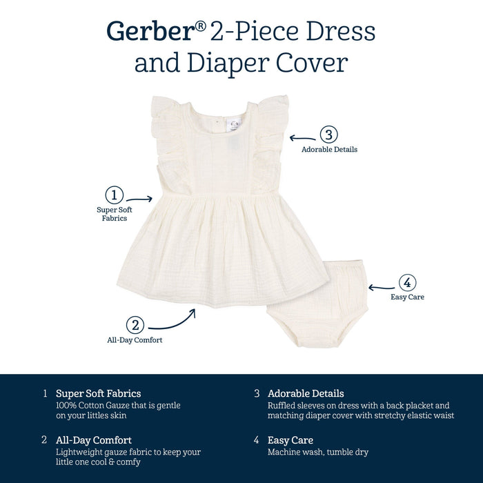 2-Piece Baby & Toddler Girls Ivory Gauze Dress & Diaper Cover Set