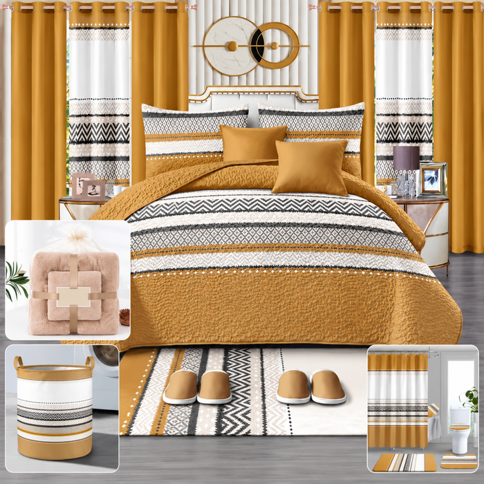 24-Piece Luxury Bedding Set with Matching Curtains & Bathroom Accessories – Mustard Gold & Black Geometric Elegance Clessenza Beauty Store