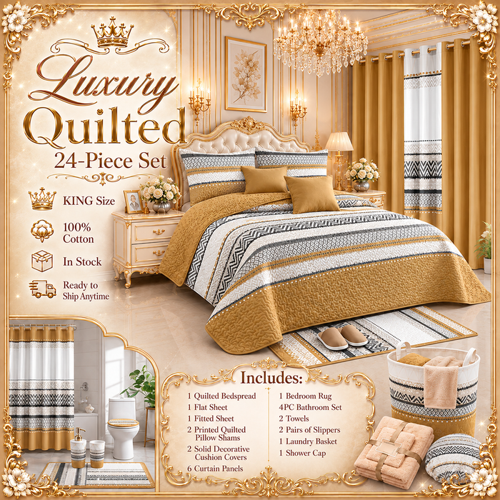 24-Piece Luxury Bedding Set with Matching Curtains & Bathroom Accessories – Mustard Gold & Black Geometric Elegance Clessenza Beauty Store