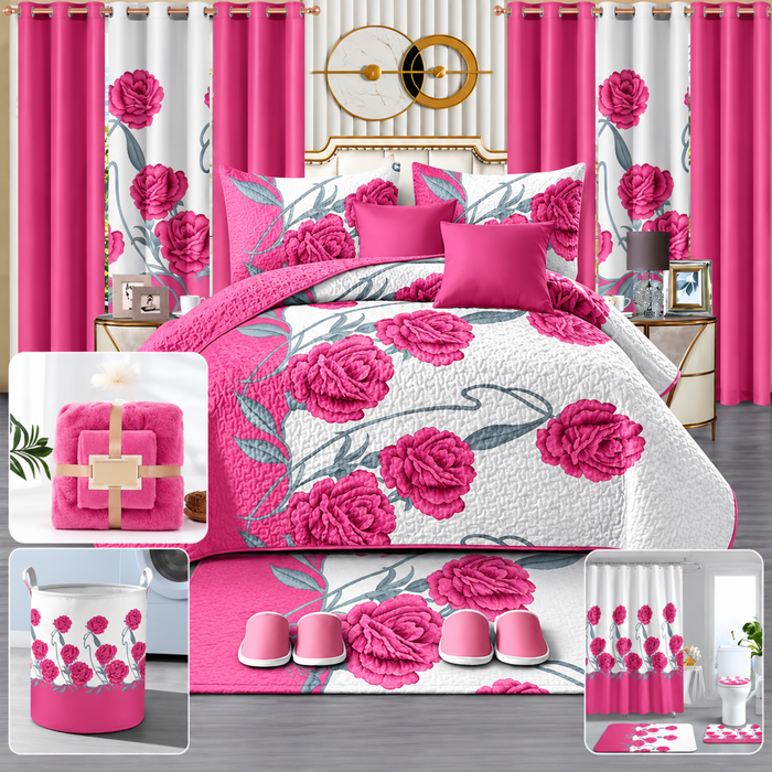 24-Piece Luxury Bedding Set with Matching Curtains & Bathroom Accessories – Pink Floral Elegance Clessenza Beauty Store