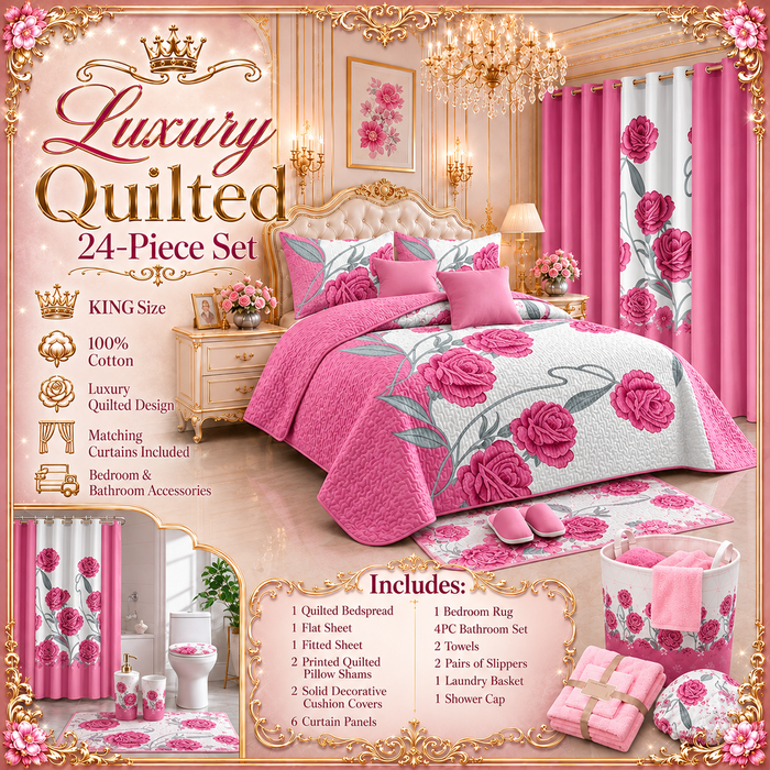 24-Piece Luxury Bedding Set with Matching Curtains & Bathroom Accessories – Pink Floral Elegance Clessenza Beauty Store
