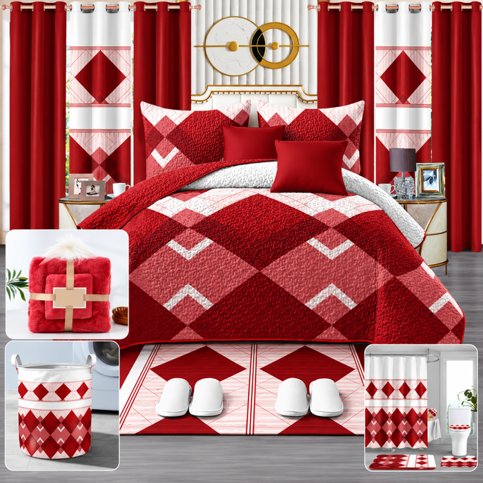 24-Piece Luxury Bedding Set with Matching Curtains & Bathroom Accessories – Red Geometric Elegance Clessenza Beauty Store