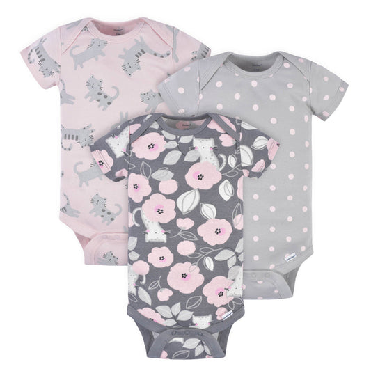 3-Pack Baby Girls Comfy Stretch Floral Leopard Short Sleeve Onesies® Bodysuits-Gerber Childrenswear
