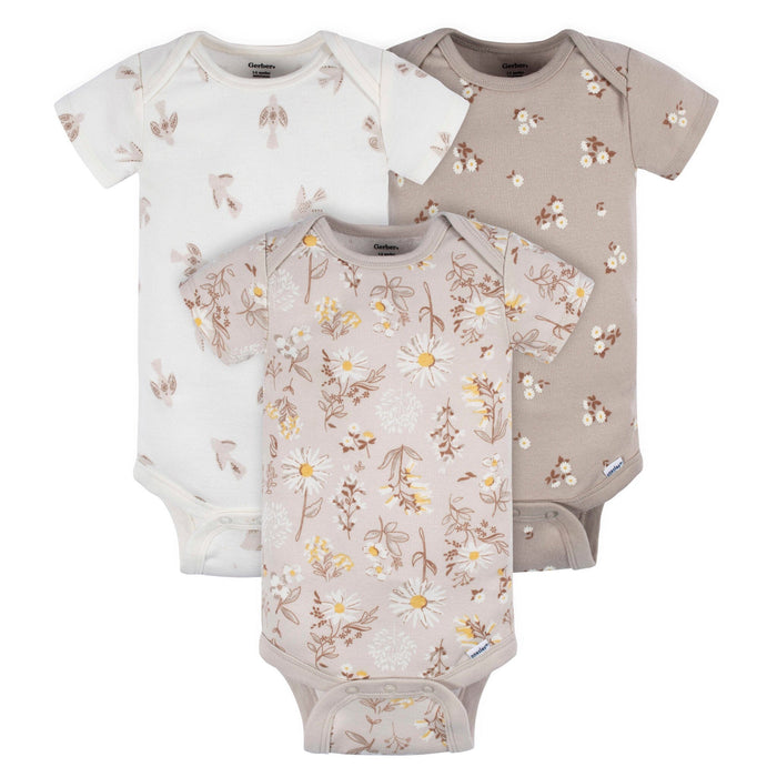 3-Pack Baby Girls Taupe Flower Fields Short Sleeve Onesies® Bodysuits Onesies Bodysuits Gerber®
