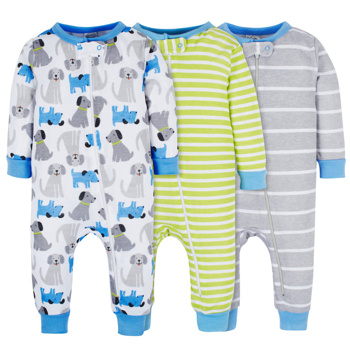 3-Pack Baby & Toddler Boys Stripes & Doggies Snug Fit Footless Pajamas