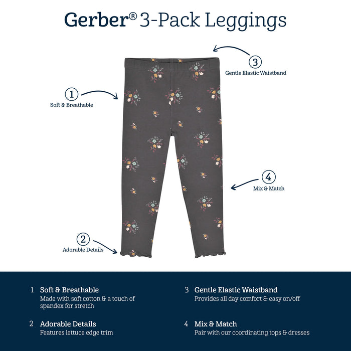 3-Pack Infant & Toddler Girls Mustard & Plum Floral Leggings