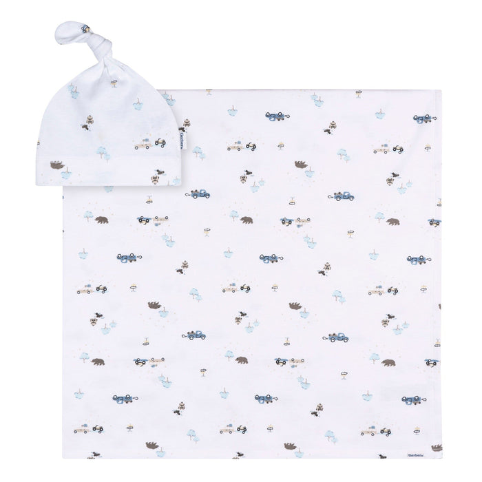 3-Piece Baby Boys Road Trip Footless Pajamas, Swaddle, and Cap Bundle Bundle Gerber Childrenswear