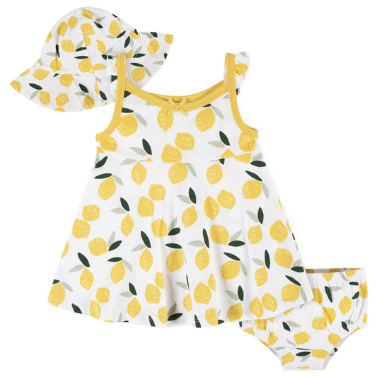3-Piece Baby & Toddler Girls Lemon Squeeze Dress, Diaper Cover & Sun Hat Set-Gerber Childrenswear