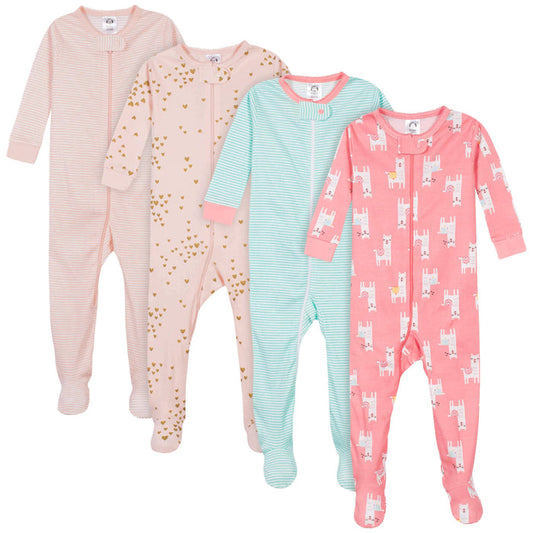 4-Pack Baby & Toddler Girls Llamas & Love Snug Fit Footed Cotton Pajamas-Gerber Childrenswear